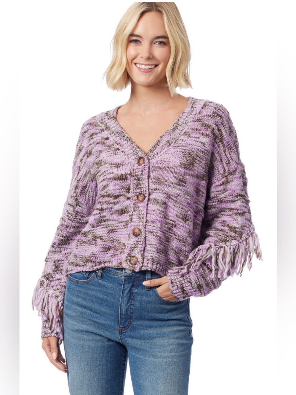 Jessica Simpson Chunky Fringe V-Neck  Cardigan Sweater sz Small